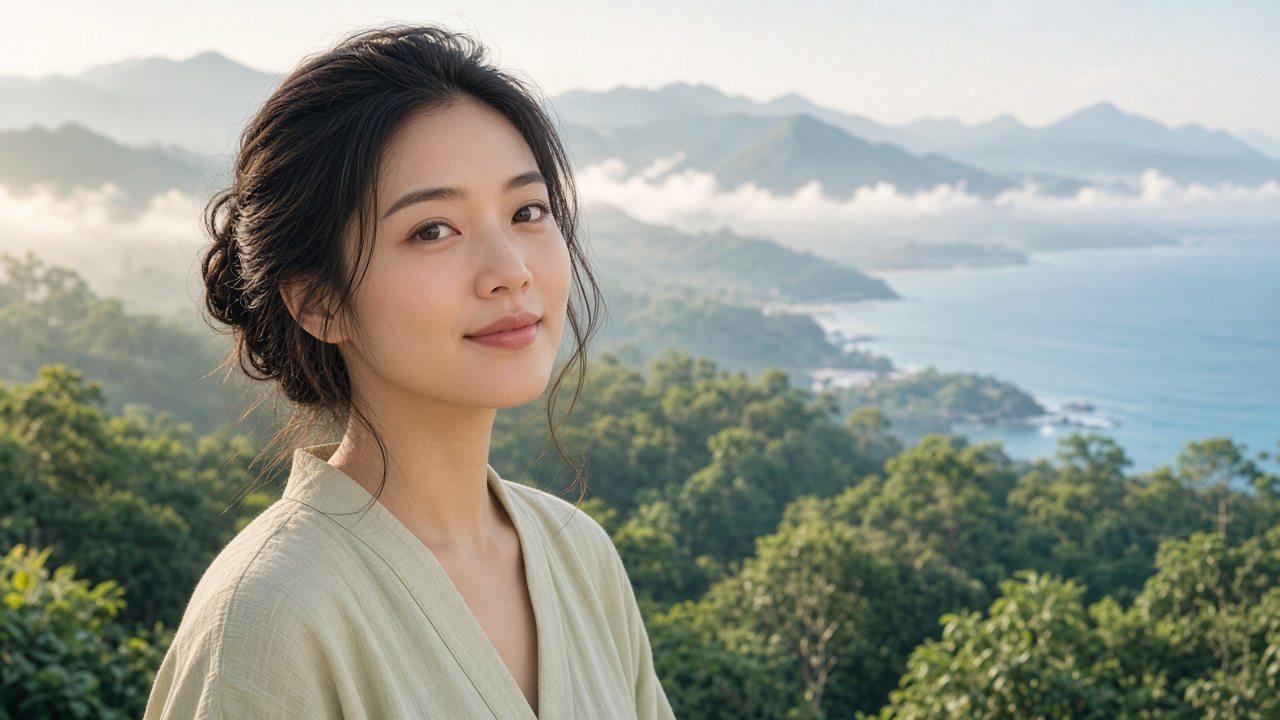 A calm face above forested mountains and the ocean
